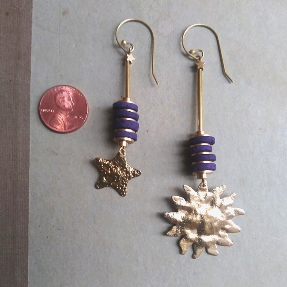 Handmade Sun And Star Purple Earrings - Picture 4 of 5